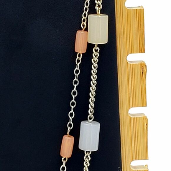 Gold Tone Satellite Cylinder Bead Necklace Blue Pink Green Gray Double Chain - Picture 8 of 12